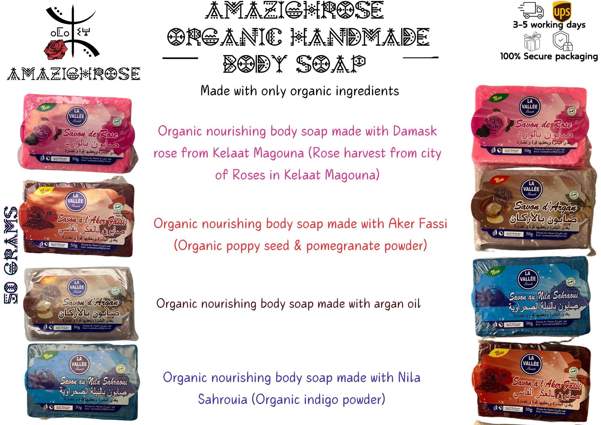 Luxurious Organic Body Soaps - Rose, Argan, Nila, Akker Fassi soap,Pomegranate & Indigo, Handmade with Natural Ingredients from Valley rose - Amazighrose