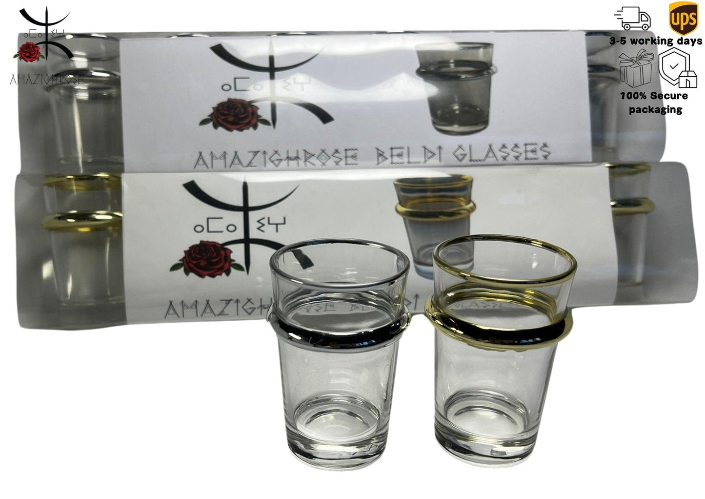 Amazighrose 6 Beldi glasses, Gold or Silver tea set,details, 9*6cm - Amazighrose