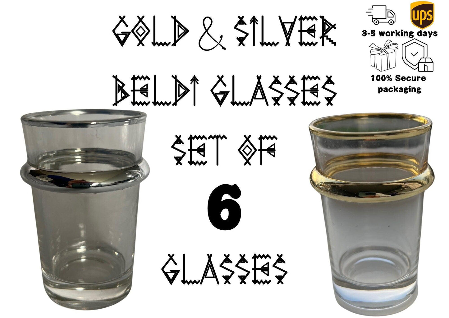 Amazighrose 6 Beldi glasses, Gold or Silver tea set,details, 9*6cm - Amazighrose