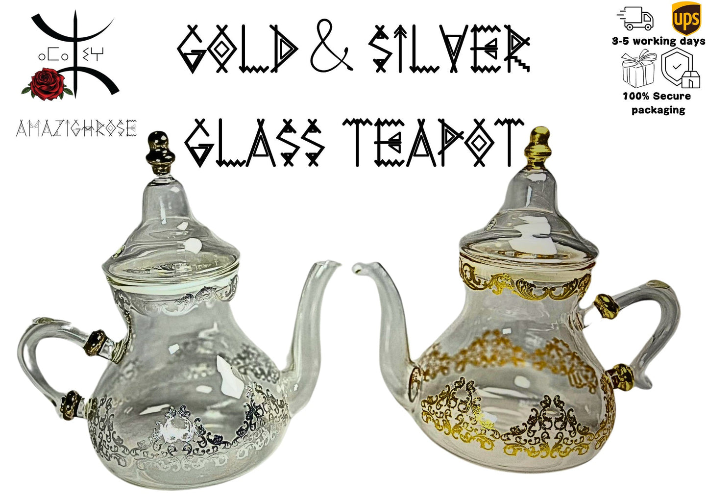 Amazighrose handmade large Glass Teapot with golden or Silver details - Amazighrose