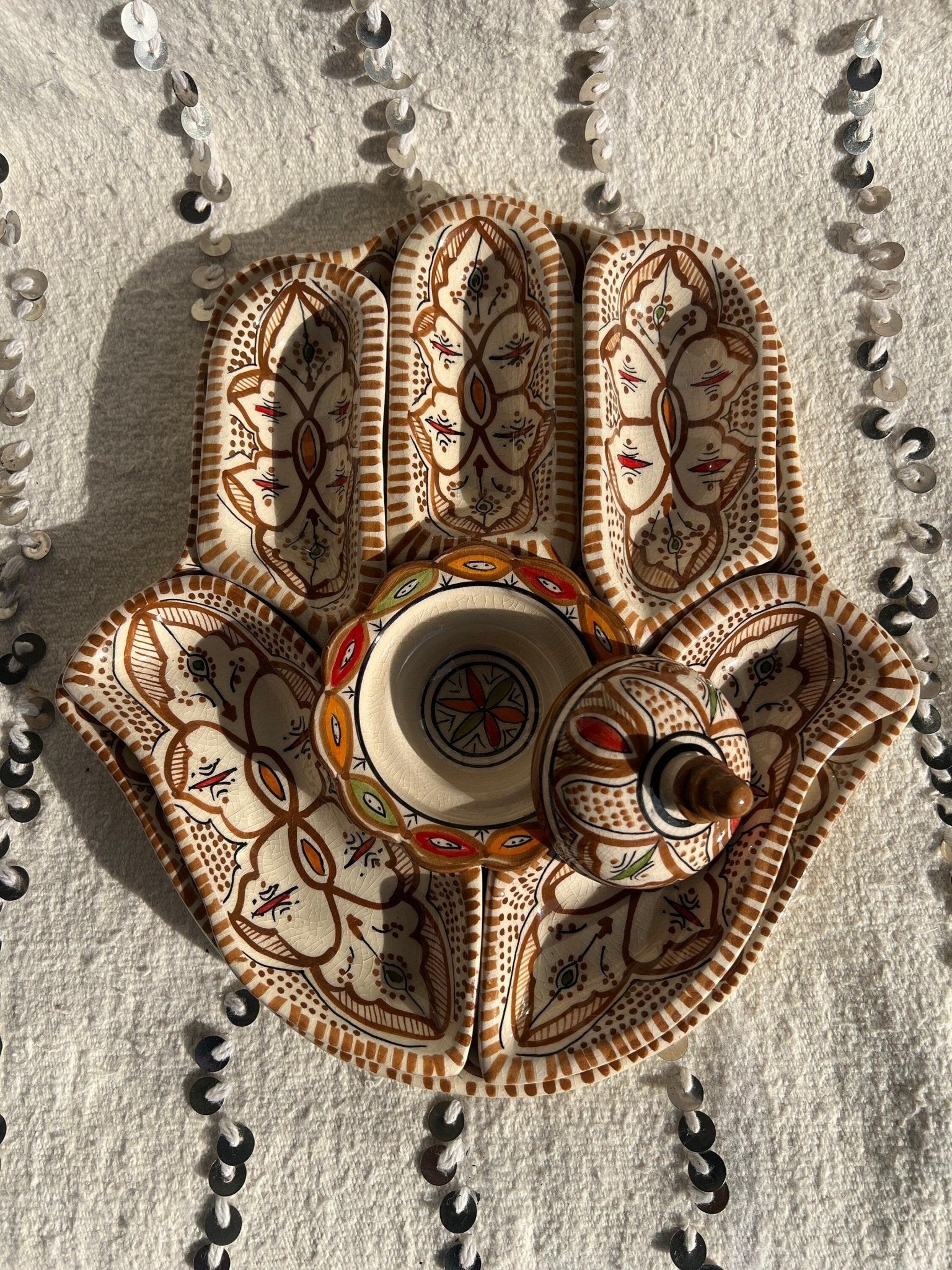 Moroccan Ceramic Khmissa Tapas Set: Brown Henna-Style - Amazighrose